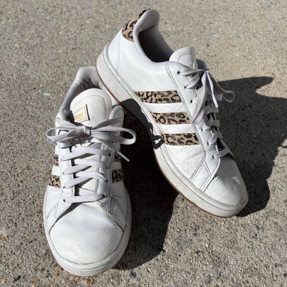 Adidas Grand Court Leopard Print White Leather Sneakers FY8949 Womens 8.5
